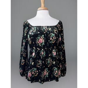 Womens M Velvet Top Black Pink Floral Babydoll Whimsigoth Fairy Grunge